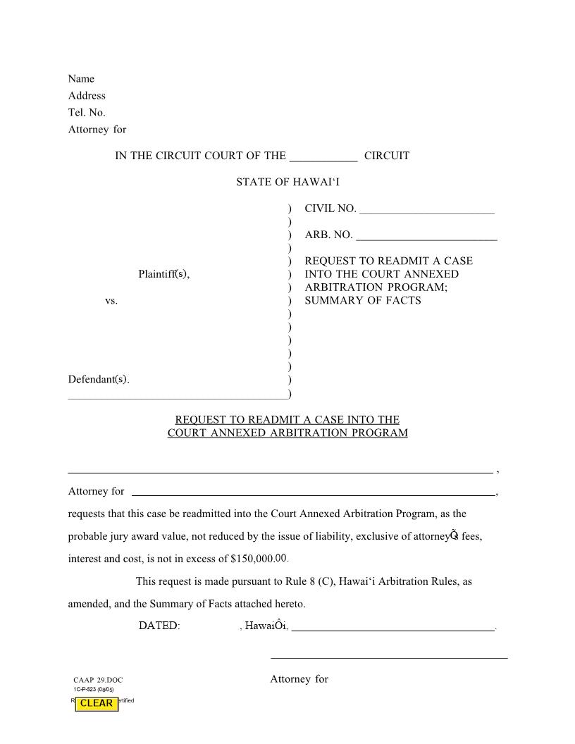 Request To Readmit A Case Into The Court Annexed Arbitration Program {1C-P-523} | Pdf Fpdf Docx | Hawaii