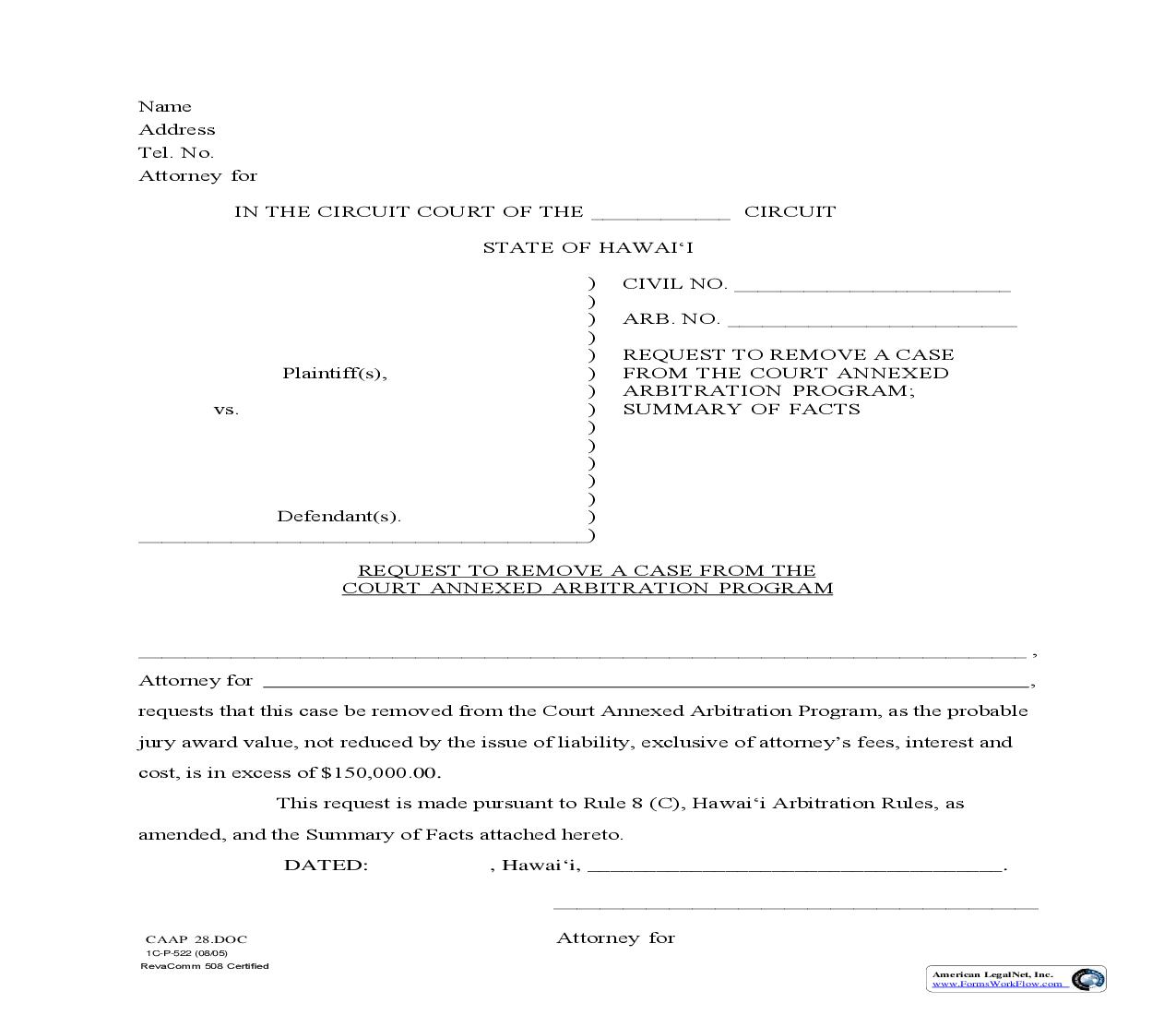 Request To Remove A Case From The Court Annexed Arbitration Program {1C-P-522} | Pdf Fpdf Doc Docx | Hawaii