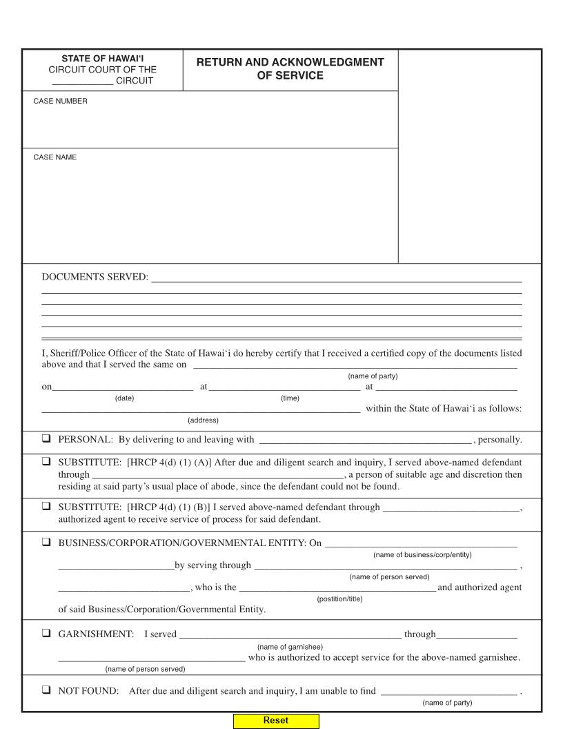 Return And Acknowledgment Of Service {1C-P-022} | Pdf Fpdf Doc Docx | Hawaii