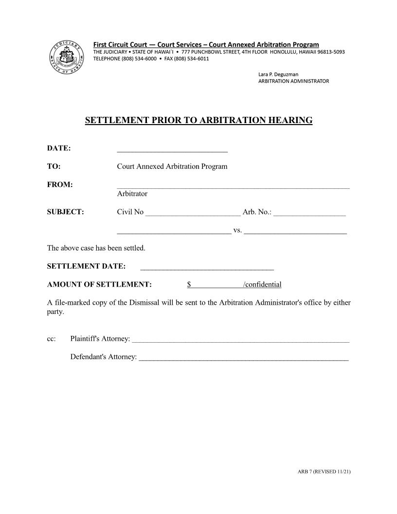 Settlement Prior To Arbitration Hearing of {1C-P-502} | Pdf Fpdf Docx | Hawaii