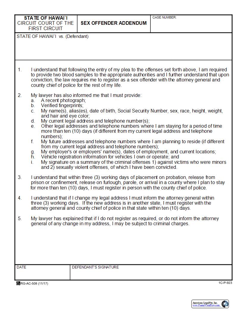 Sex Offender Addendum {1C-P-923} | Pdf Fpdf Docx | Hawaii