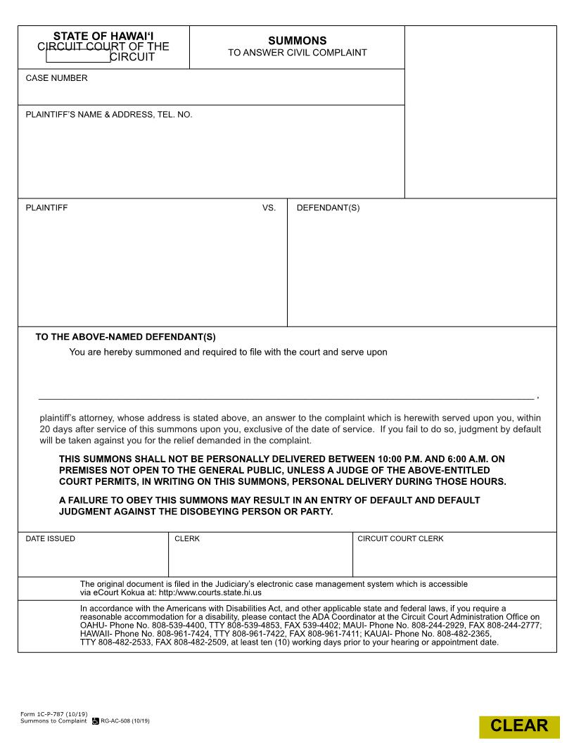 Summons To Answer Civil Complaint {1C-P-787} | Pdf Fpdf Doc Docx | Hawaii