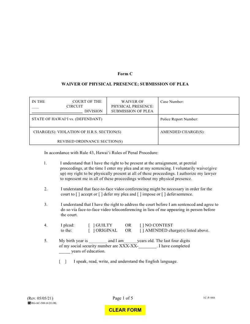 Waiver Of Physical Presence Submission Of Plea {Form C} | Pdf Fpdf Docx | Hawaii
