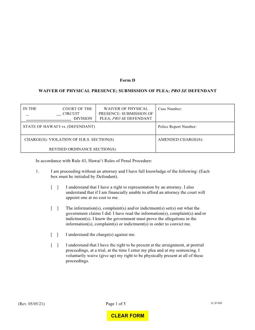 Waiver Of Physical Presence Submission Of Plea Pro Se Defendant {Form D} | Pdf Fpdf Docx | Hawaii