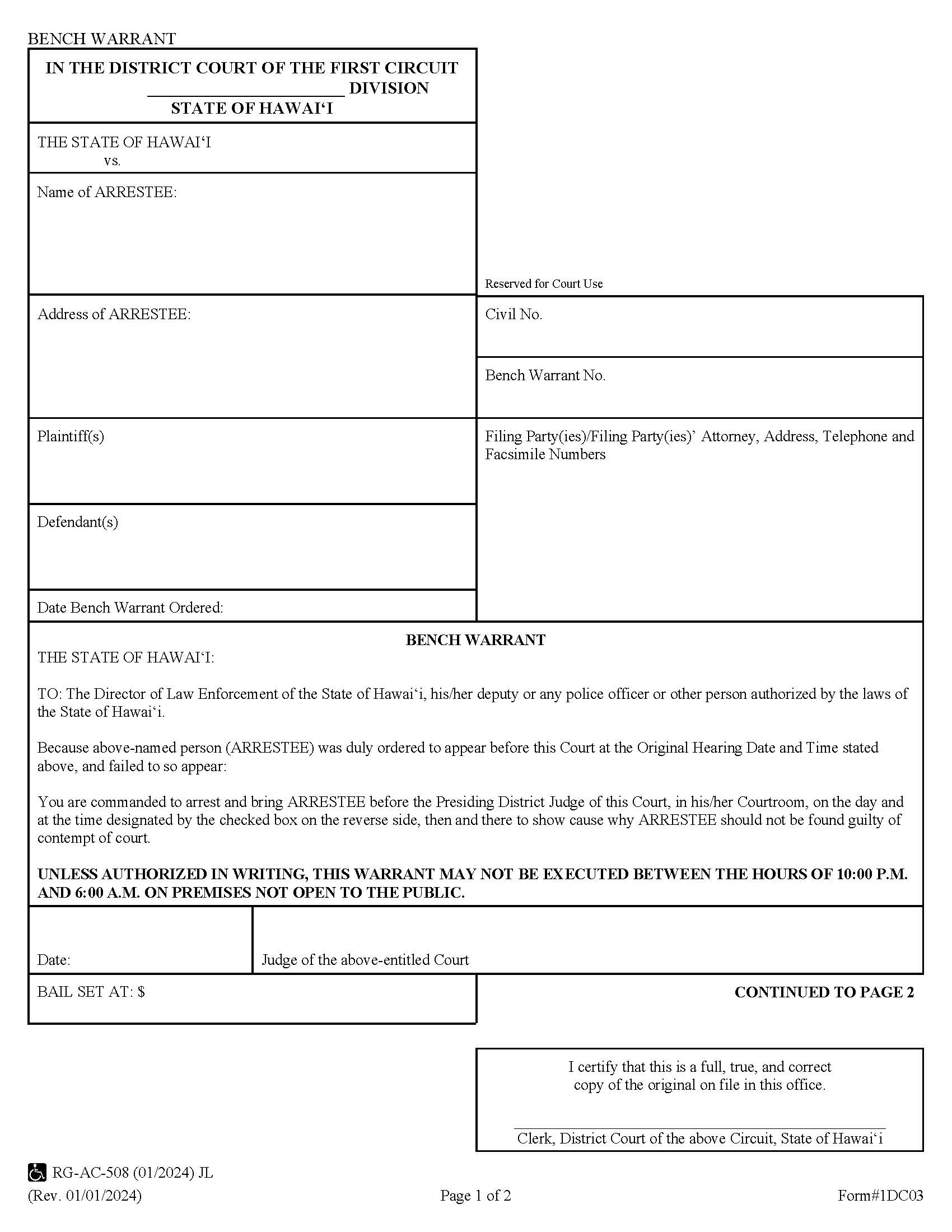 Bench Warrant {1DC03} | Pdf Fpdf Doc Docx | Hawaii