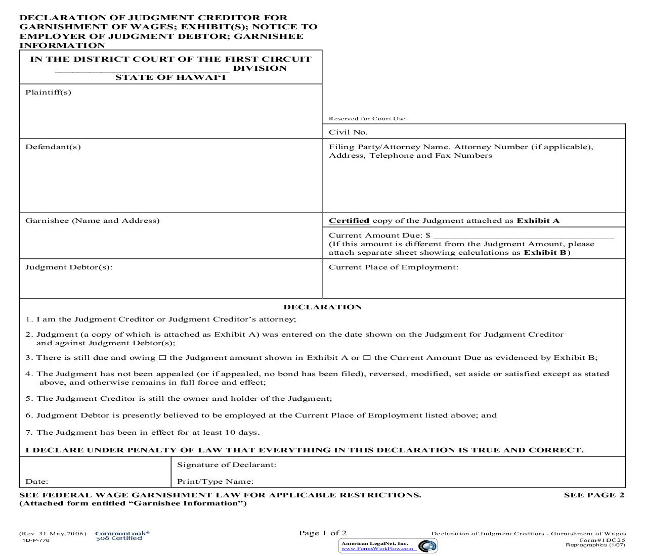 Declaration Of Judgment Creditors For Garnishment Of Wages {1DC25} | Pdf Fpdf Doc Docx | Hawaii