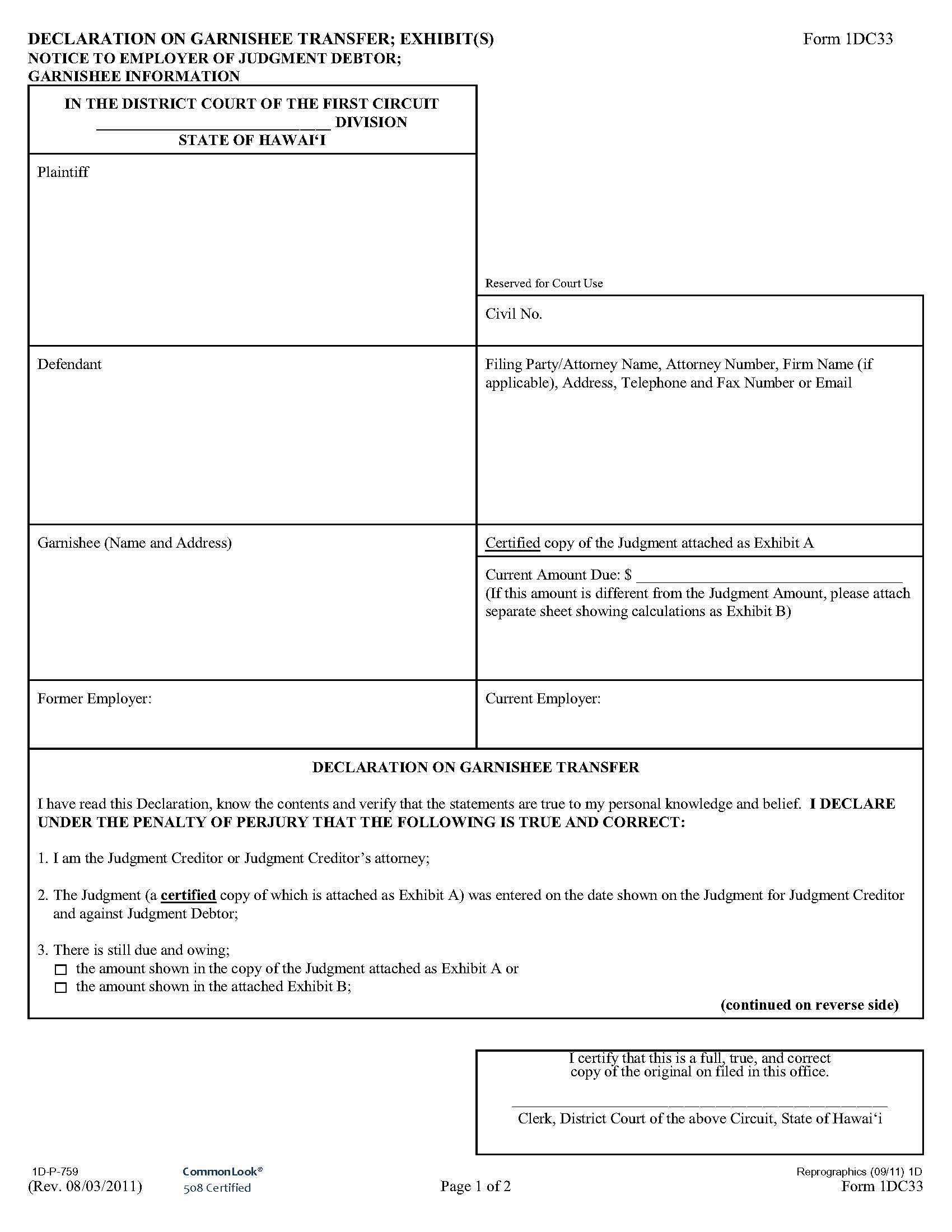 Declaration On Garnishee Transfer {1DC33} | Pdf Fpdf Doc Docx | Hawaii