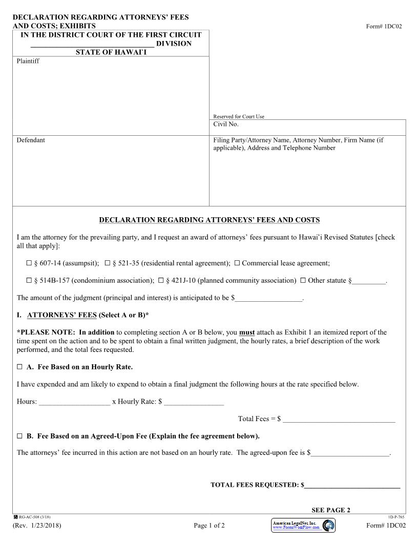 Declaration Regarding Attorneys Fees And Costs {1DC02} | Pdf Fpdf Docx | Hawaii