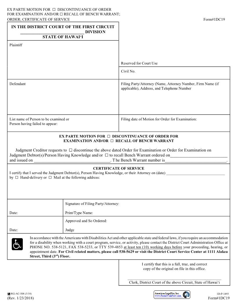 Ex Parte Motion For Discontinuance Of Order For Examination And Or Recall Of Bench Warrant {1DC19} | Pdf Fpdf Docx | Hawaii