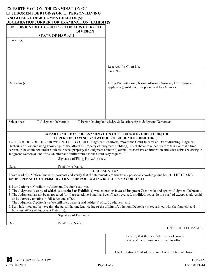 Ex Parte Motion For Examination Of Judgment Debtor(s) Or Person Having Knowledge Of Judgment Debtor(s) {1DC44} | Pdf Fpdf Doc Docx | Hawaii