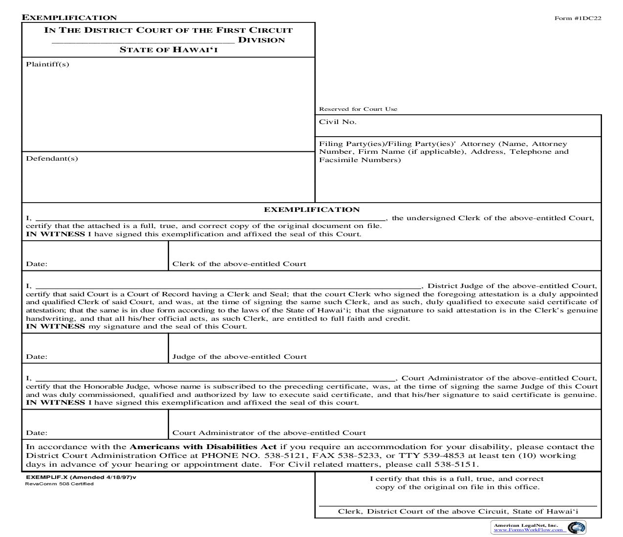 Exemplification {1DC22} | Pdf Fpdf Doc Docx | Hawaii