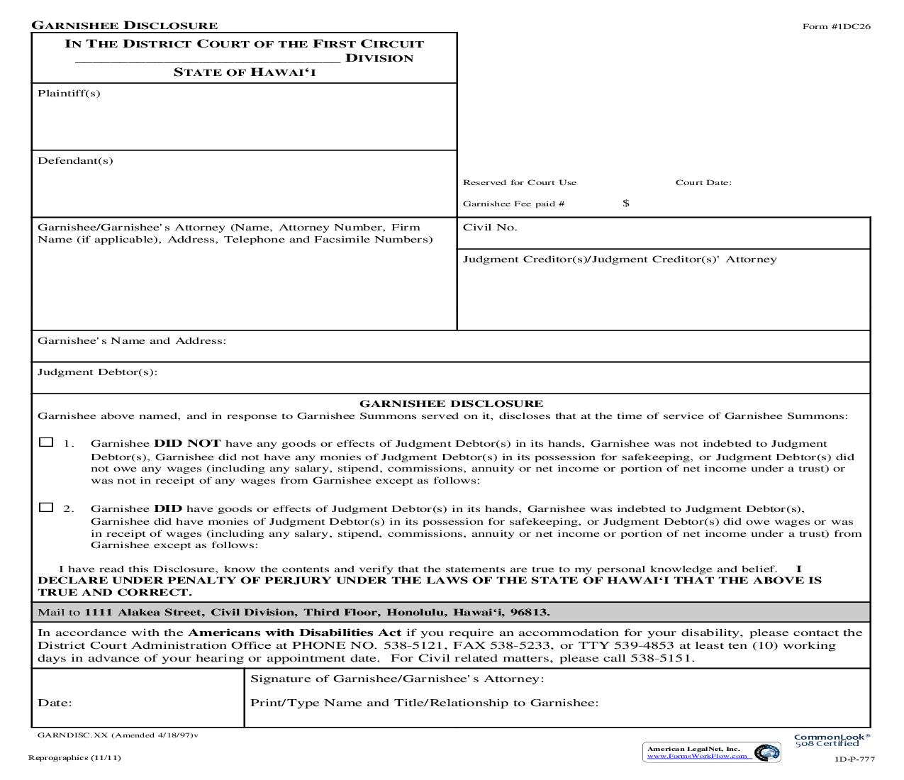 Garnishee Disclosure {1DC26} | Pdf Fpdf Doc Docx | Hawaii