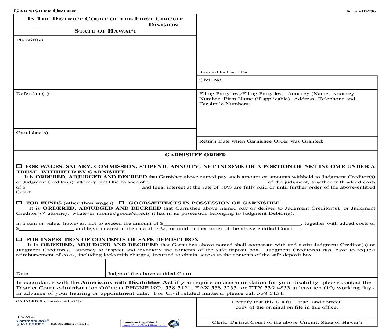 Garnishee Order {1DC30} | Pdf Fpdf Doc Docx | Hawaii