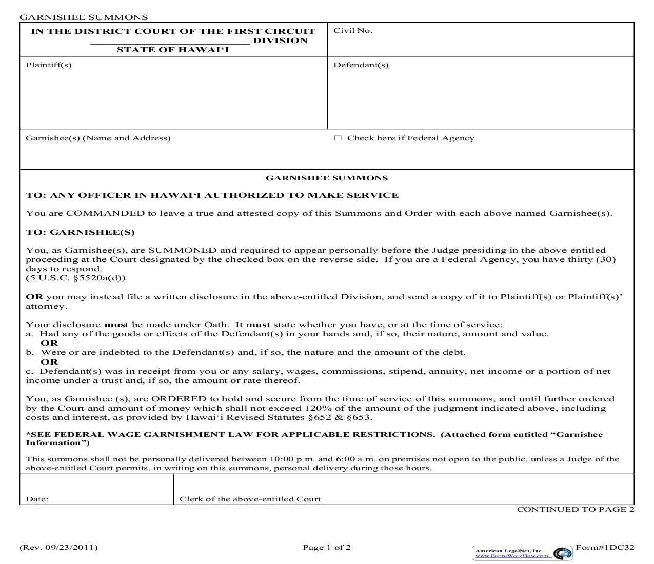 Garnishee Summons {1DC32} | Pdf Fpdf Doc Docx | Hawaii