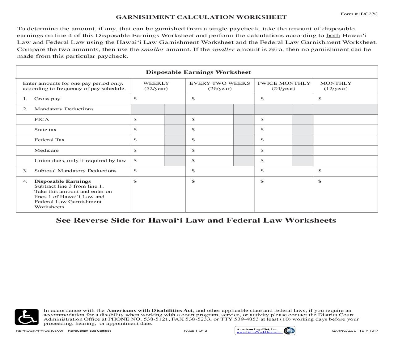 Garnishment Calculation Worksheet {1DC27C} | Pdf Fpdf Doc Docx | Hawaii