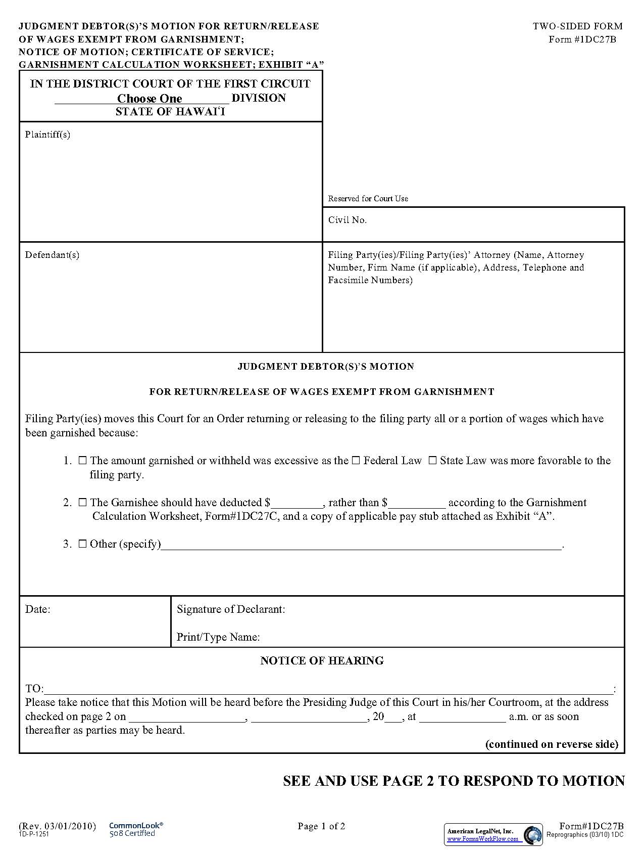 Judgment Debtors Motion Return Or Release Of Wages Exempt From Garnishment {1DC27B} | Pdf Fpdf Doc Docx | Hawaii