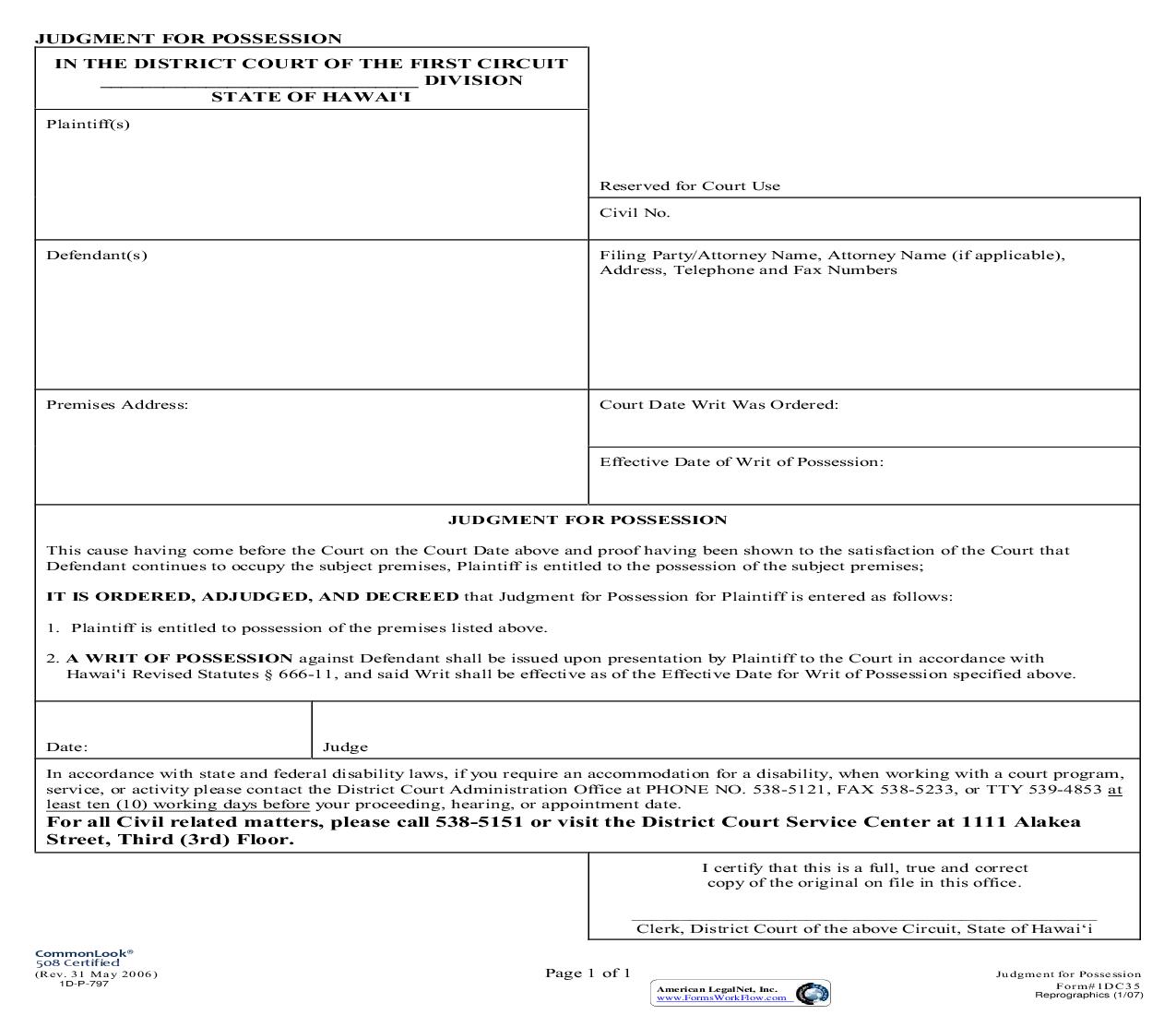Judgment For Possession {1DC35} | Pdf Fpdf Doc Docx | Hawaii