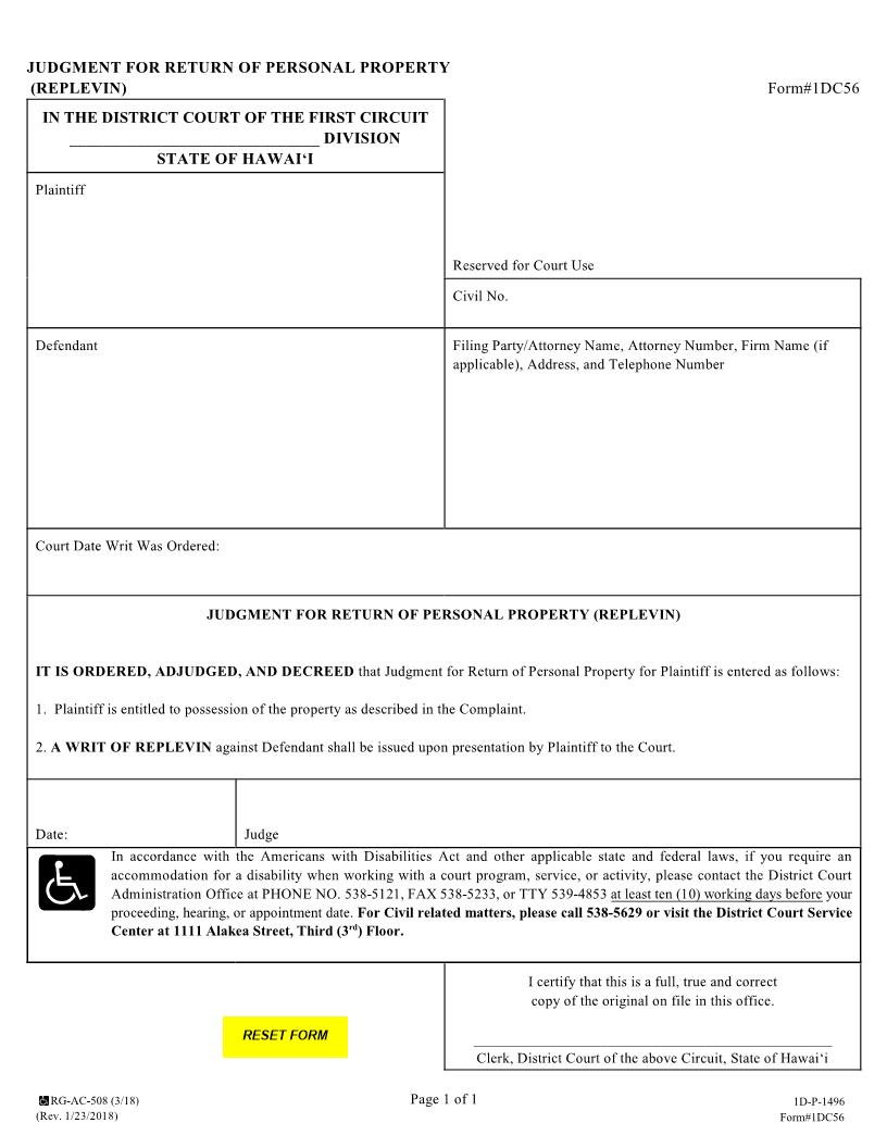 Judgment For Return Of Personal Property {1DC56} | Pdf Fpdf Docx | Hawaii