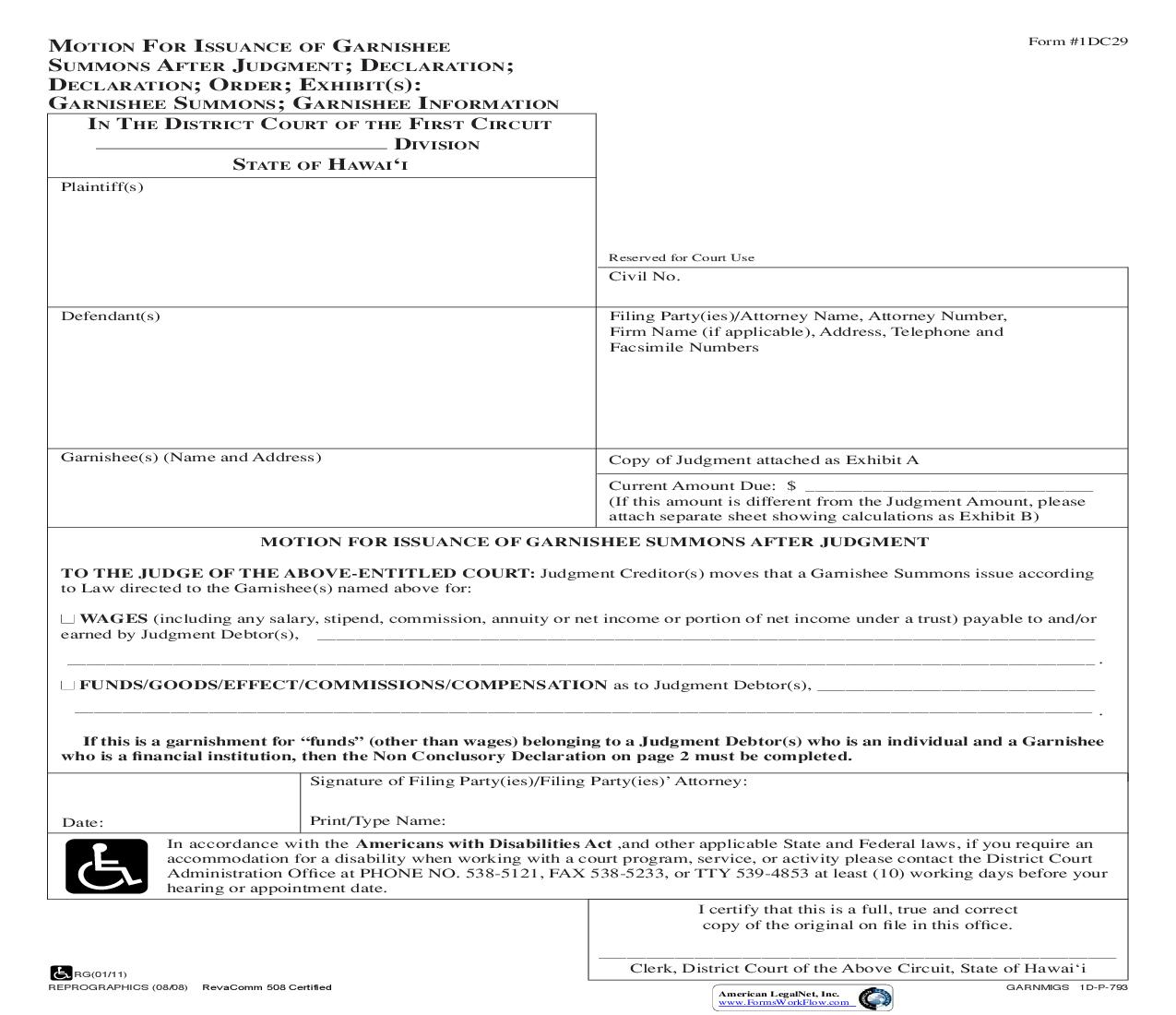 Motion For Issuance Of Garnishee Summons After Judgment {1DC29} | Pdf Fpdf Doc Docx | Hawaii