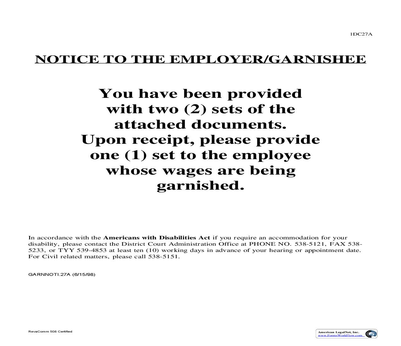 Notice To Employer Garnishee {1DC27A} | Pdf Fpdf Doc Docx | Hawaii