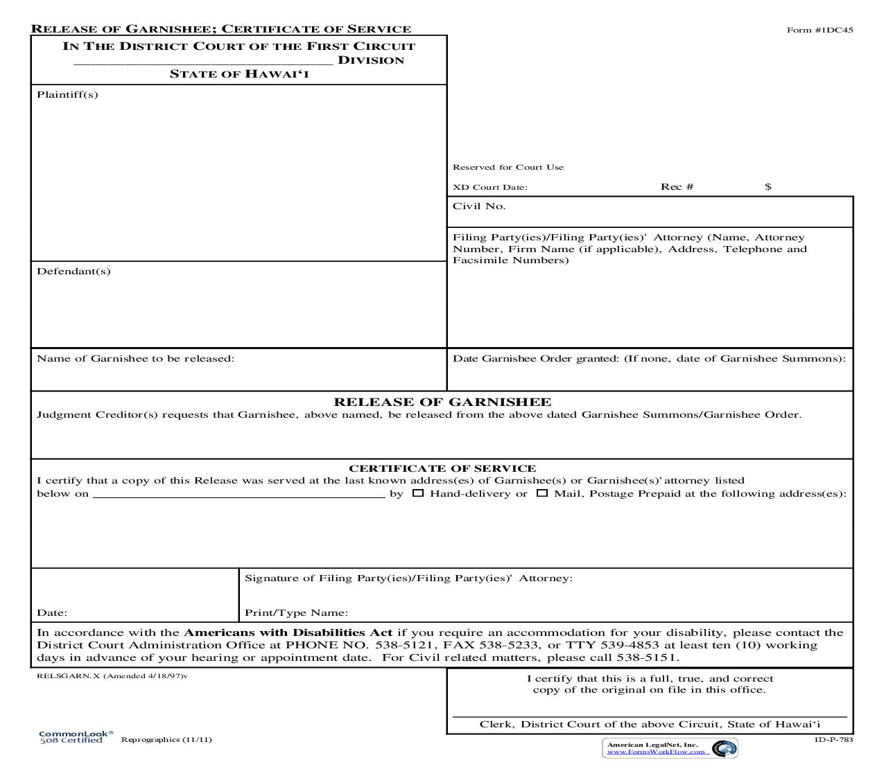 Release Of Garnishee {1DC45} | Pdf Fpdf Doc Docx | Hawaii