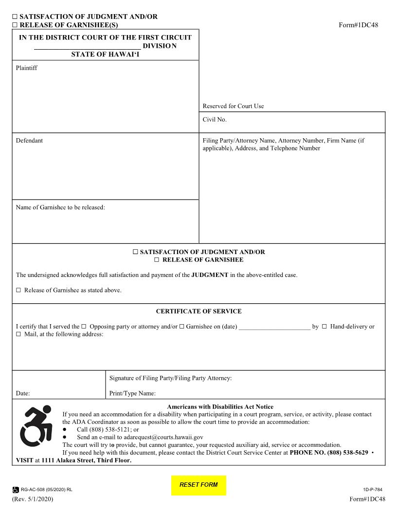 Satisfaction Of Judgment {1DC48} | Pdf Fpdf Docx | Hawaii