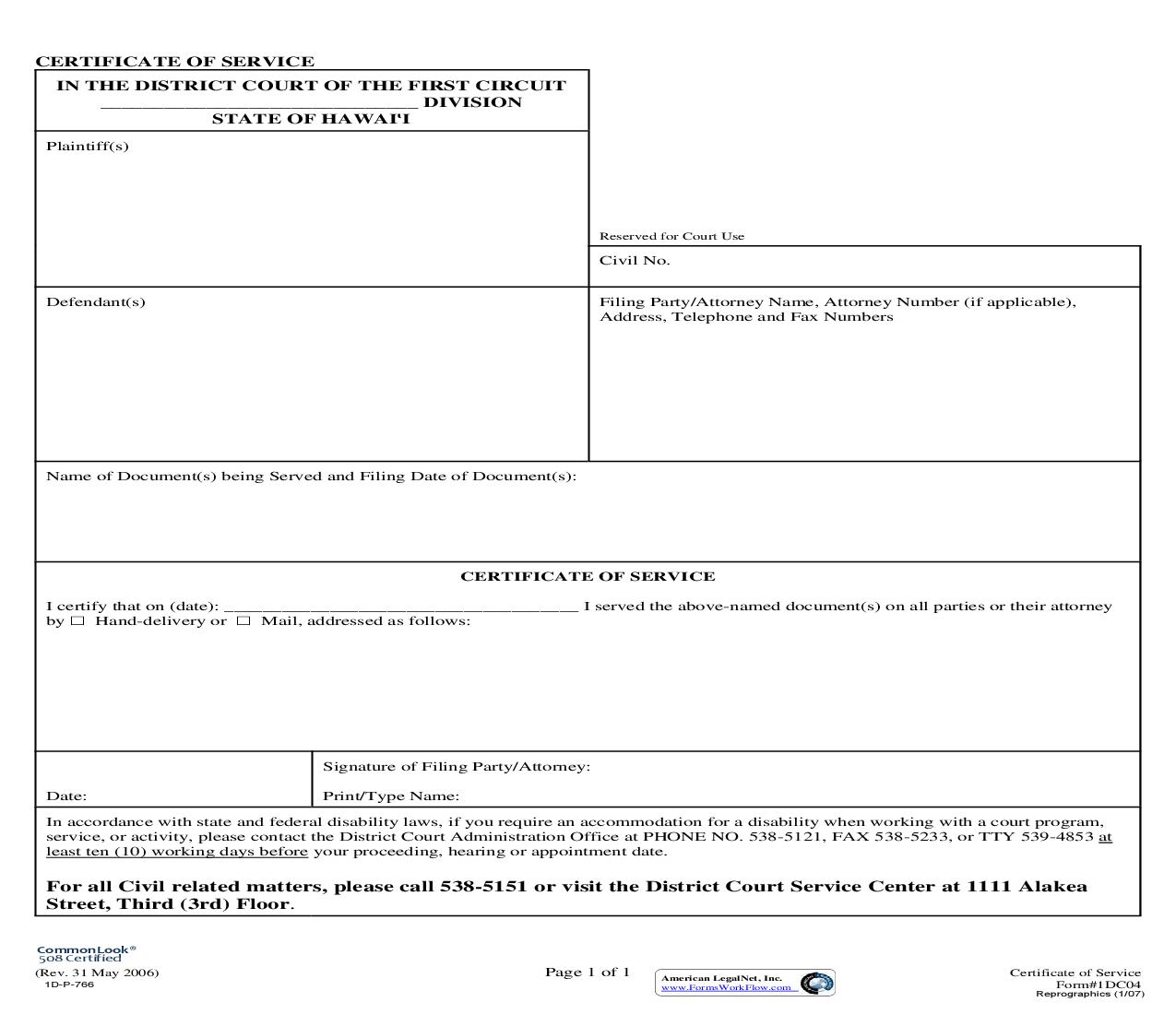 Certificate Of Service {1DC04} | Pdf Fpdf Doc Docx | Hawaii