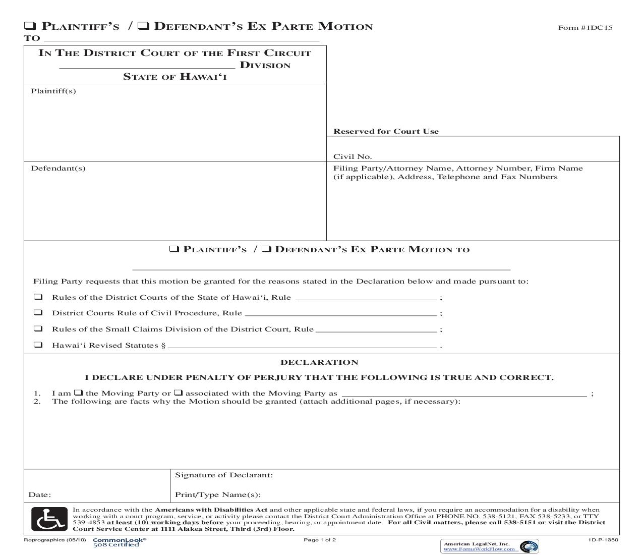 Ex Parte Motion {1DC15} | Pdf Fpdf Doc Docx | Hawaii