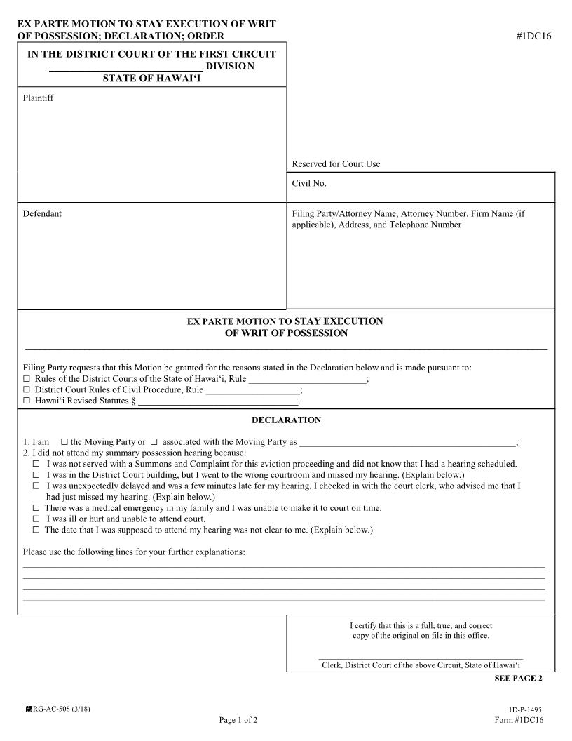 Ex Parte Motion To Stay Execution Of Writ Of Possession Declaration Order {1DC16} | Pdf Fpdf Docx | Hawaii