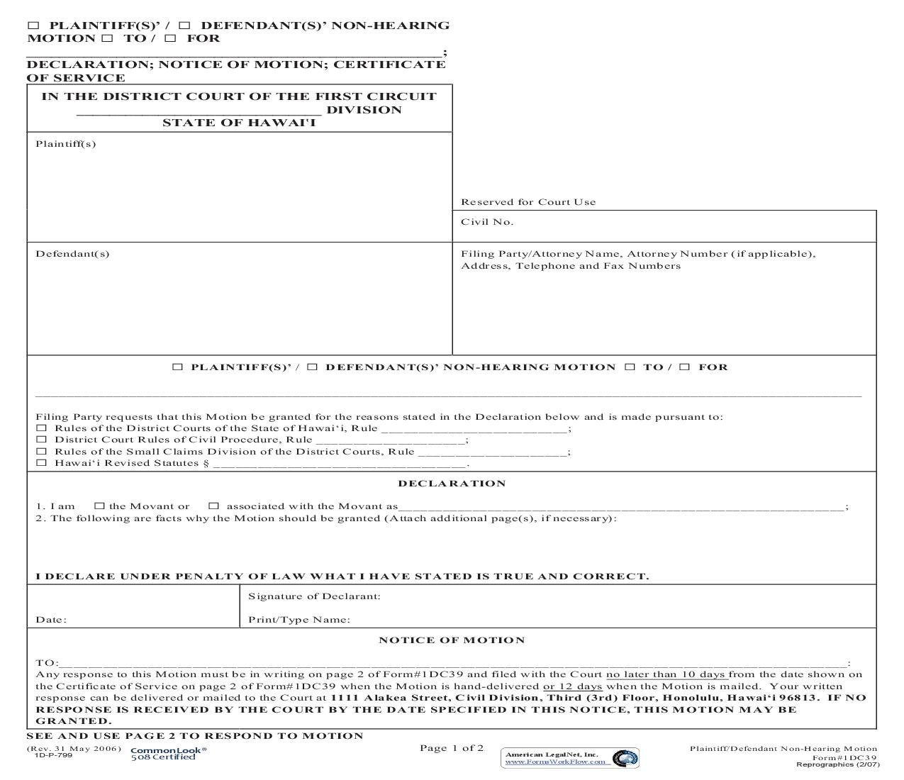 Non Hearing Motion {1DC39} | Pdf Fpdf Doc Docx | Hawaii