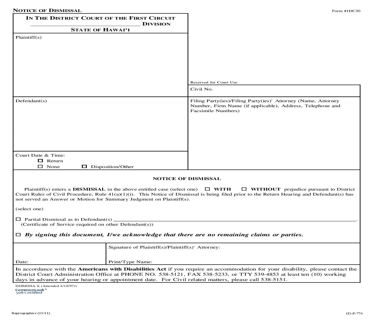 Notice Of Dismissal {1DC20} | Pdf Fpdf Doc Docx | Hawaii