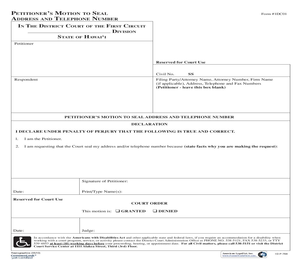 Petitioners Motion To Seal Address And Telephone Number {1DC01} | Pdf Fpdf Doc Docx | Hawaii