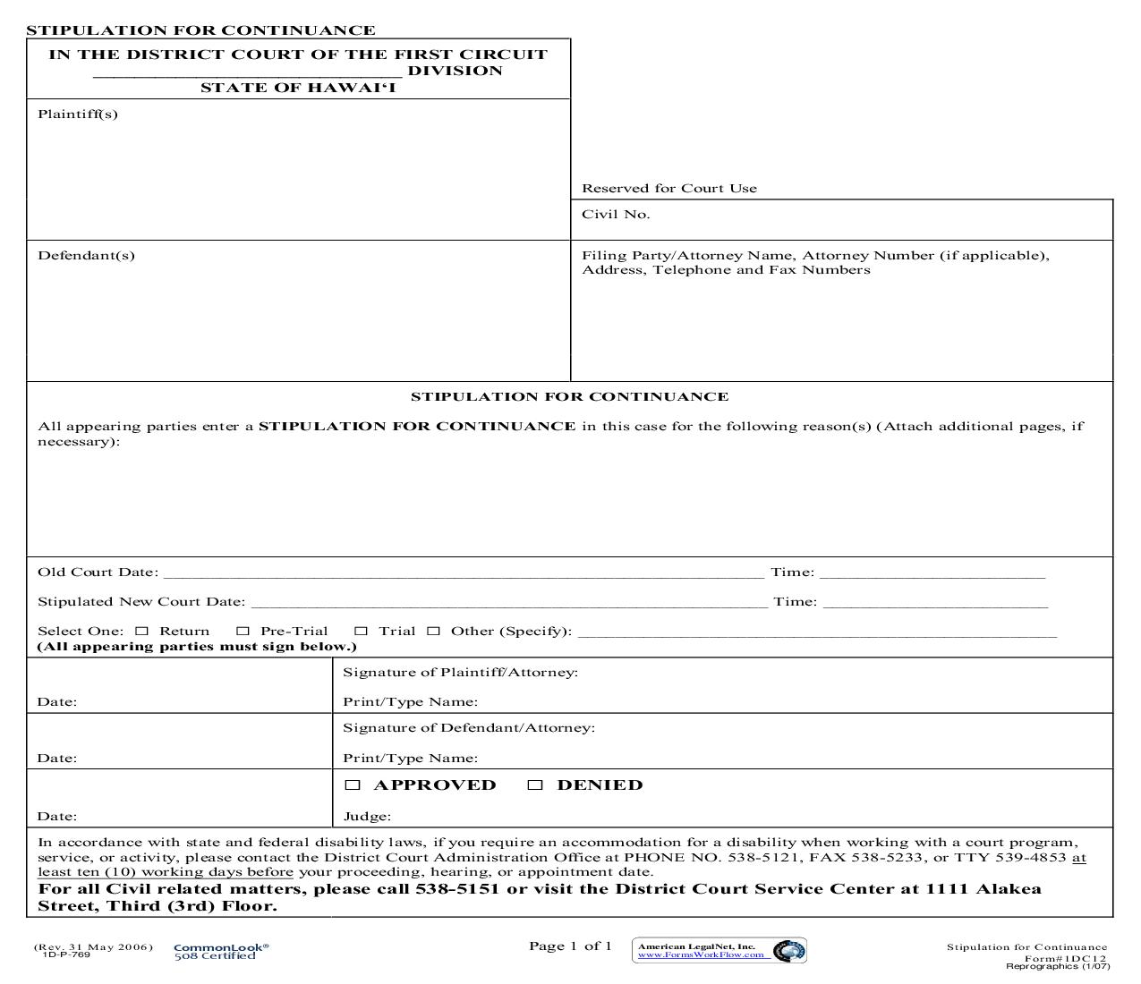 Stipulation For Continuance {1DC12} | Pdf Fpdf Doc Docx | Hawaii