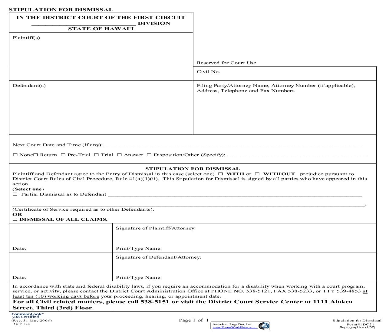 Stipulation For Dismissal {1DC21} | Pdf Fpdf Doc Docx | Hawaii