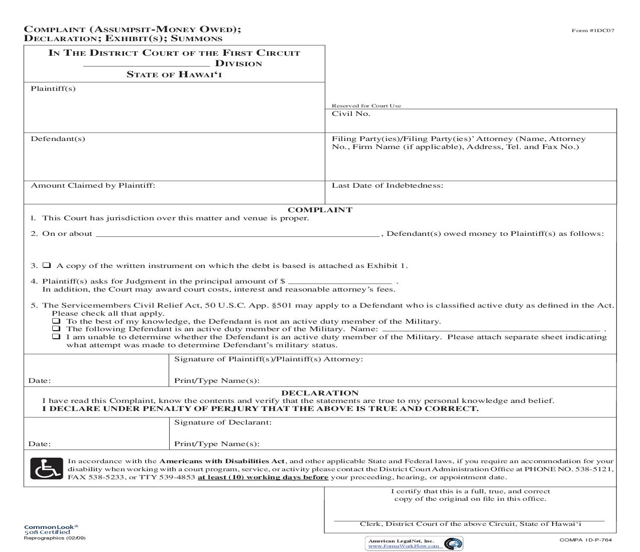 Complaint (Assumpsit-Money Owed) {1DC07} | Pdf Fpdf Doc Docx | Hawaii