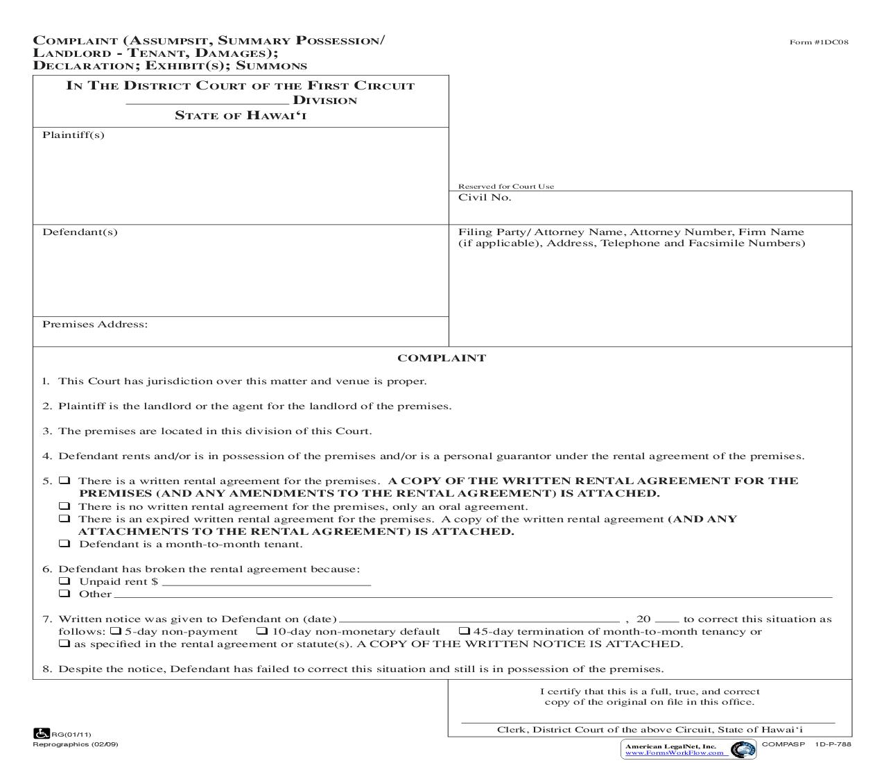 Complaint (Assumpsit-Summary Possession-Landlord Tenant-Damages) {1DC08} | Pdf Fpdf Doc Docx | Hawaii
