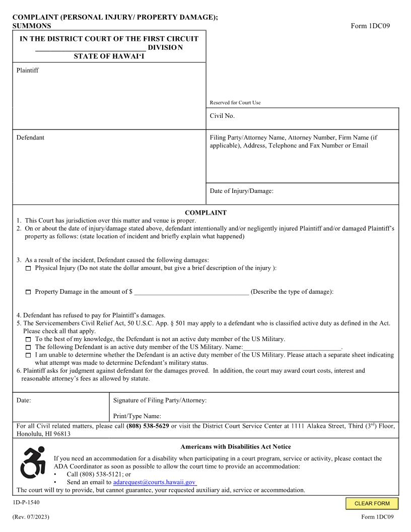 Complaint (Personal Injury-Property Damages) {1DC09} | Pdf Fpdf Doc Docx | Hawaii