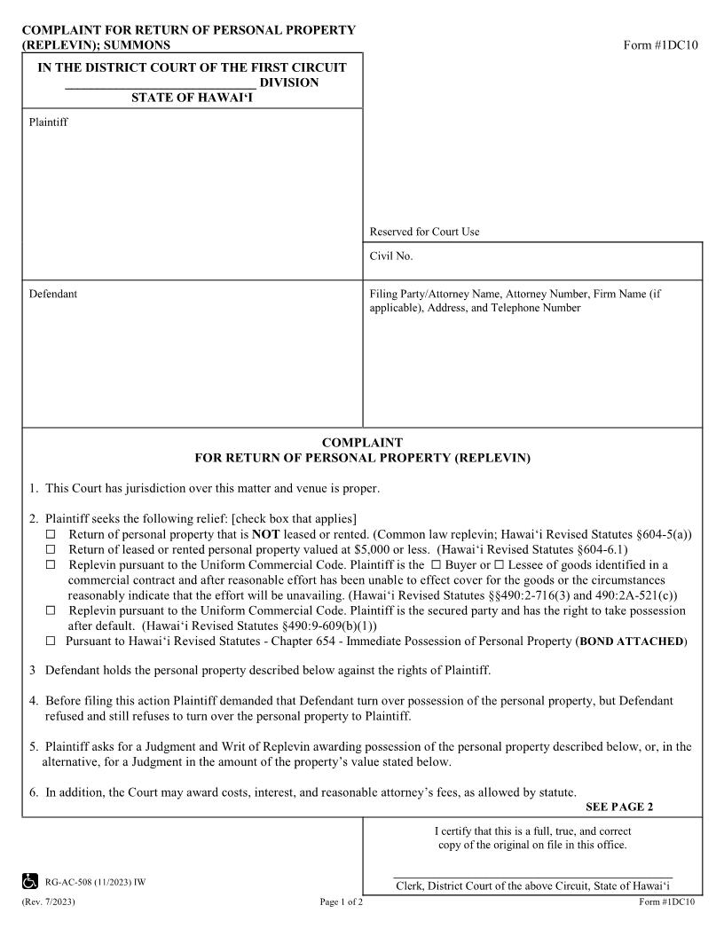 Complaint (Replevin) {1DC10} | Pdf Fpdf Docx | Hawaii