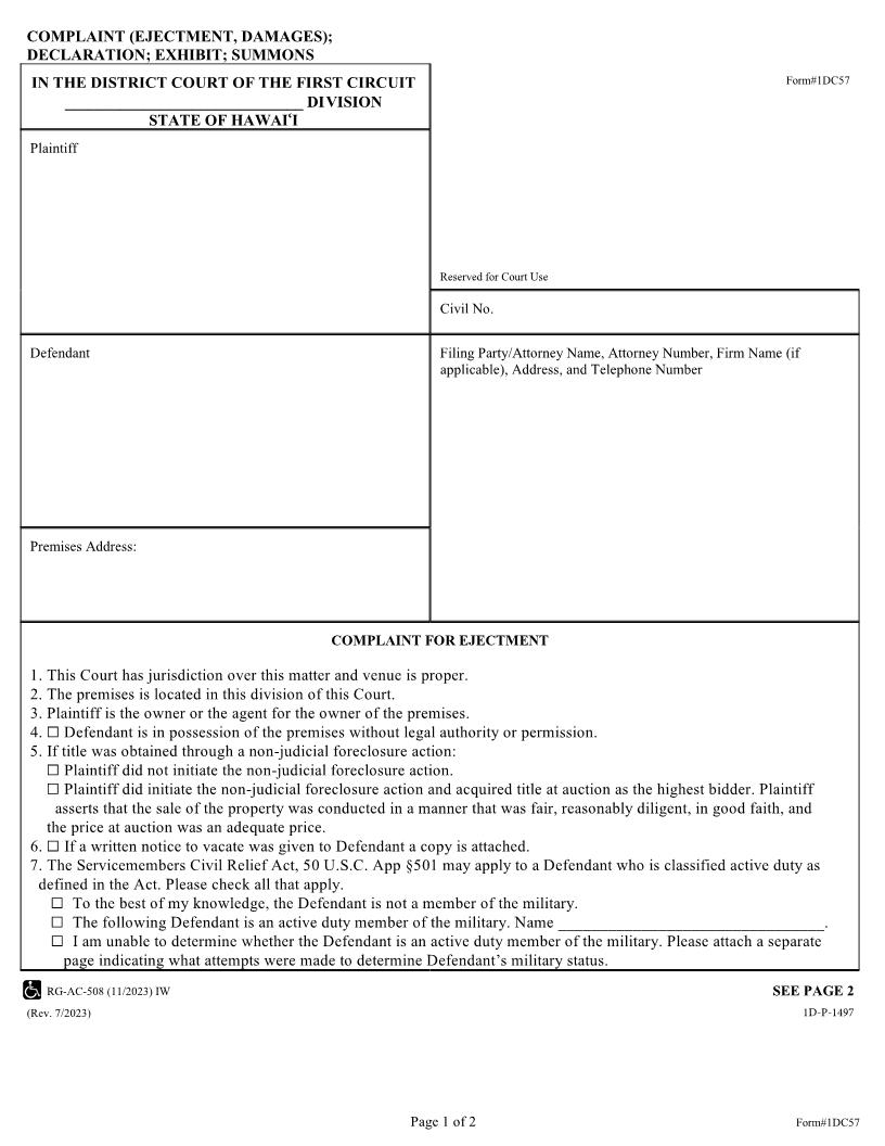 Complaint Ejectment Damages Declaration Exhibit Summons {1DC57} | Pdf Fpdf Docx | Hawaii