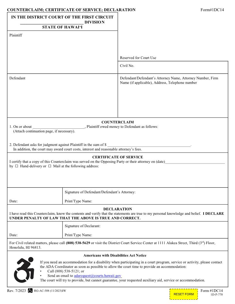 Counterclaim {1DC14} | Pdf Fpdf Docx | Hawaii