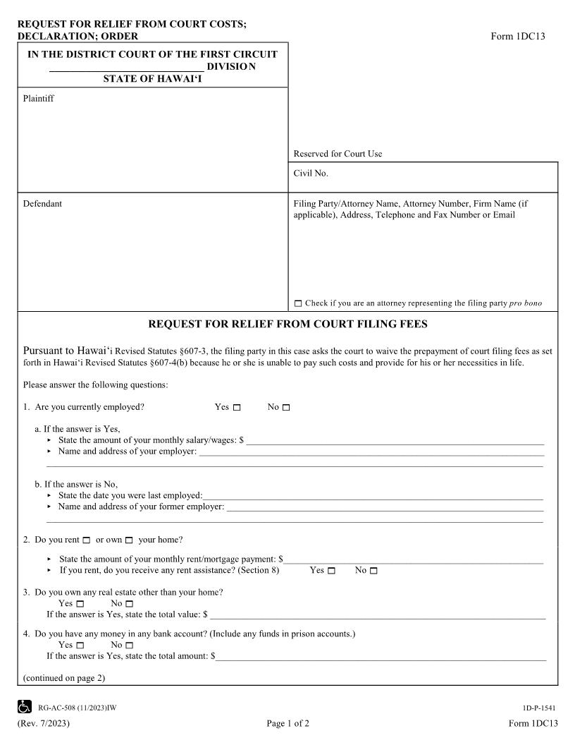 Ex Parte Application For Relief From Costs {1DC13} | Pdf Fpdf Doc Docx | Hawaii