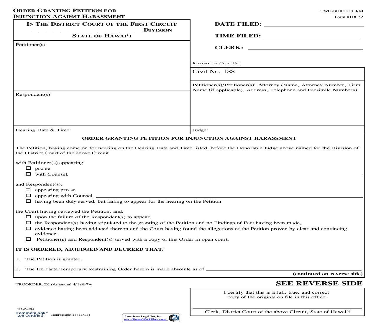 Order Granting Petition For Injunction Against Harassment {1DC52} | Pdf Fpdf Doc Docx | Hawaii