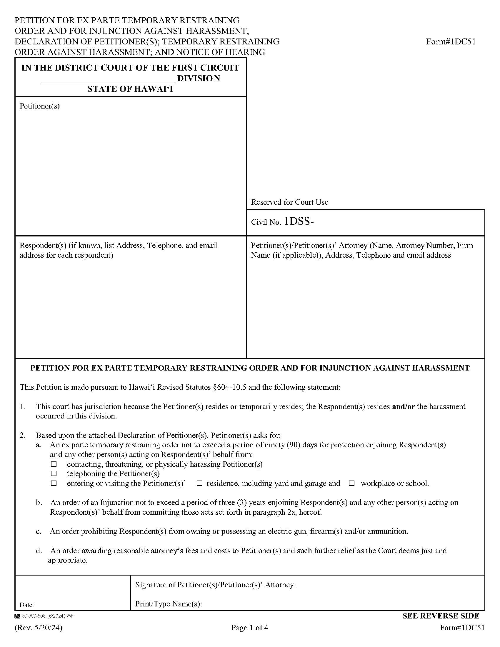Petition For Ex Parte Temporary Restraining Order And For Injunction Against Harassment {1DC51} | Pdf Fpdf Doc Docx | Hawaii