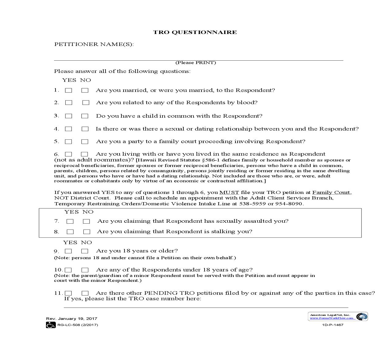 TRO Questionnaire {1D-P-1467} | Pdf Fpdf Doc Docx | Hawaii