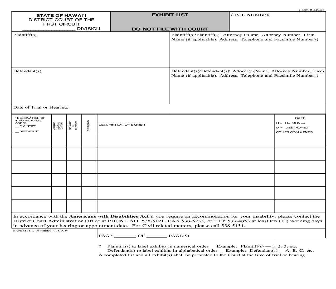 Exhibit List {1DC23} | Pdf Fpdf Doc Docx | Hawaii