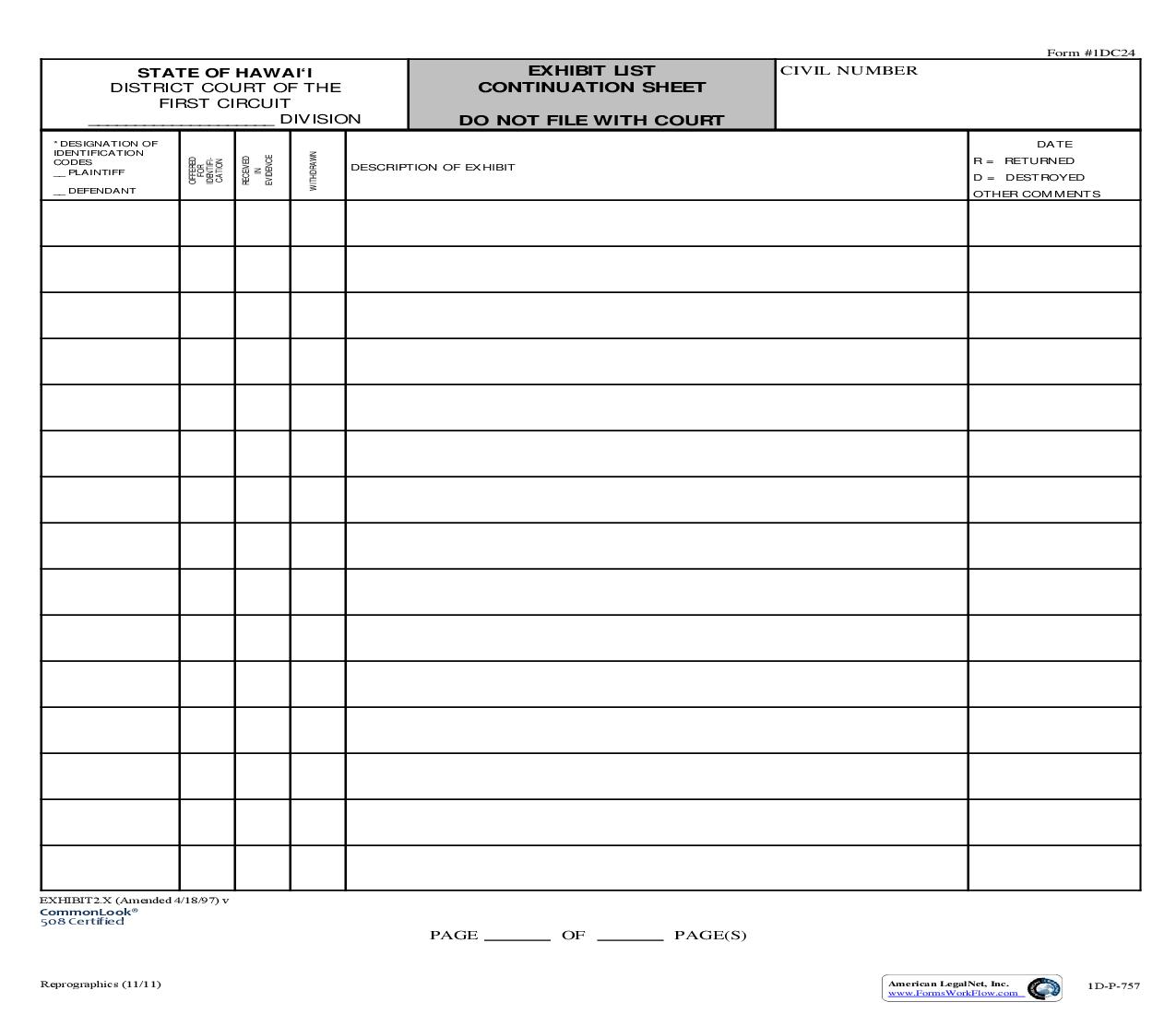 Exhibit List Continuation Sheet {1DC24} | Pdf Fpdf Doc Docx | Hawaii