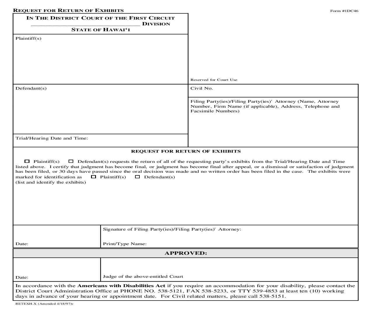 Request For Return Of Exhibits {1DC46} | Pdf Fpdf Doc Docx | Hawaii