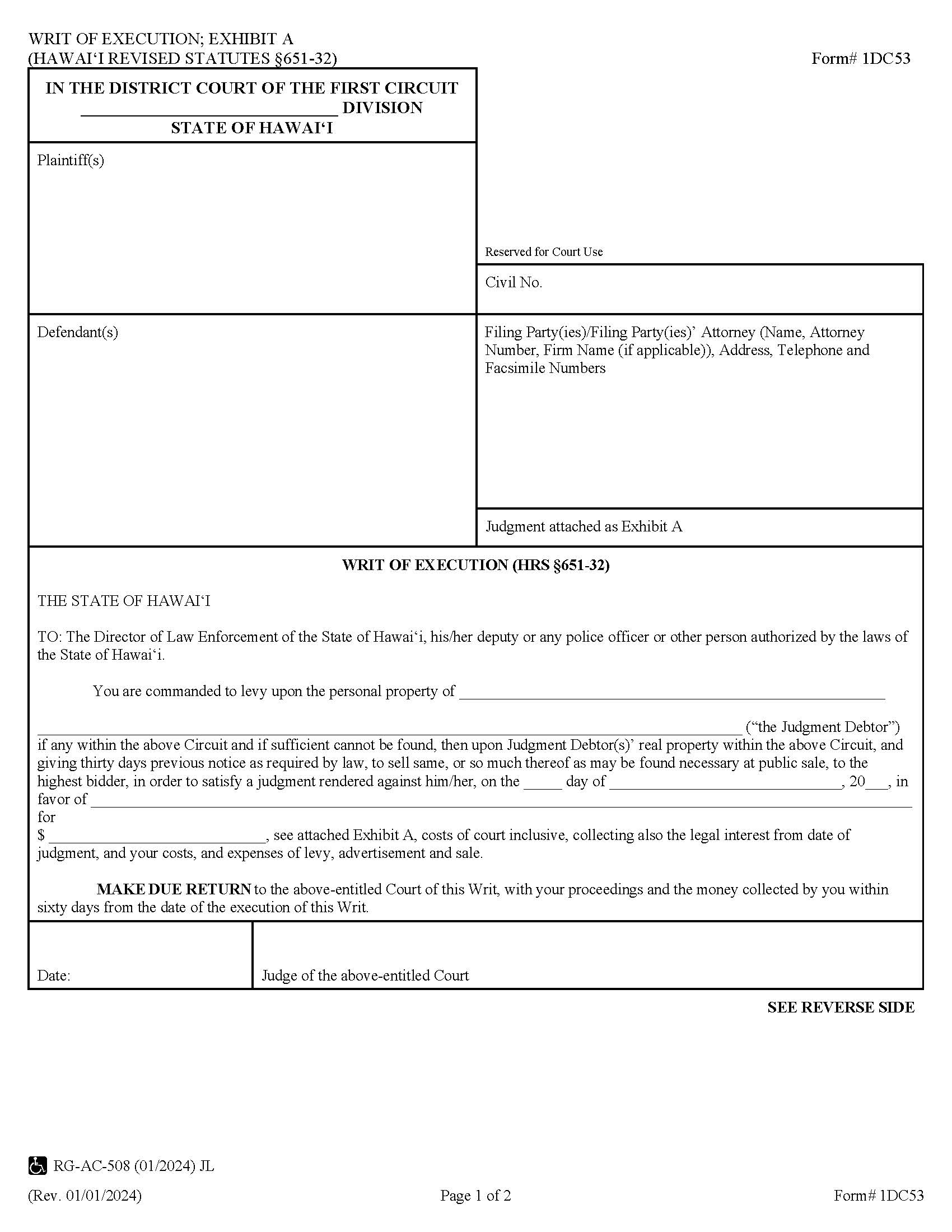 Writ Of Execution {1DC53} | Pdf Fpdf Doc Docx | Hawaii