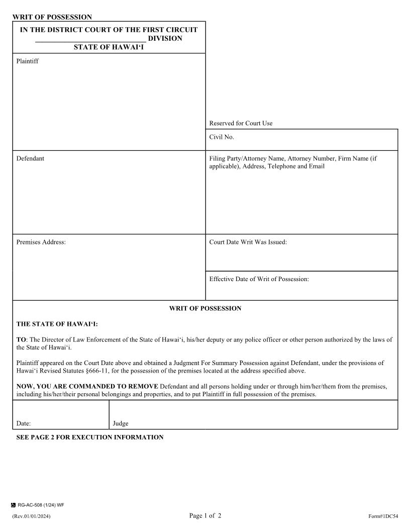Writ Of Possession {1DC54} | Pdf Fpdf Doc Docx | Hawaii
