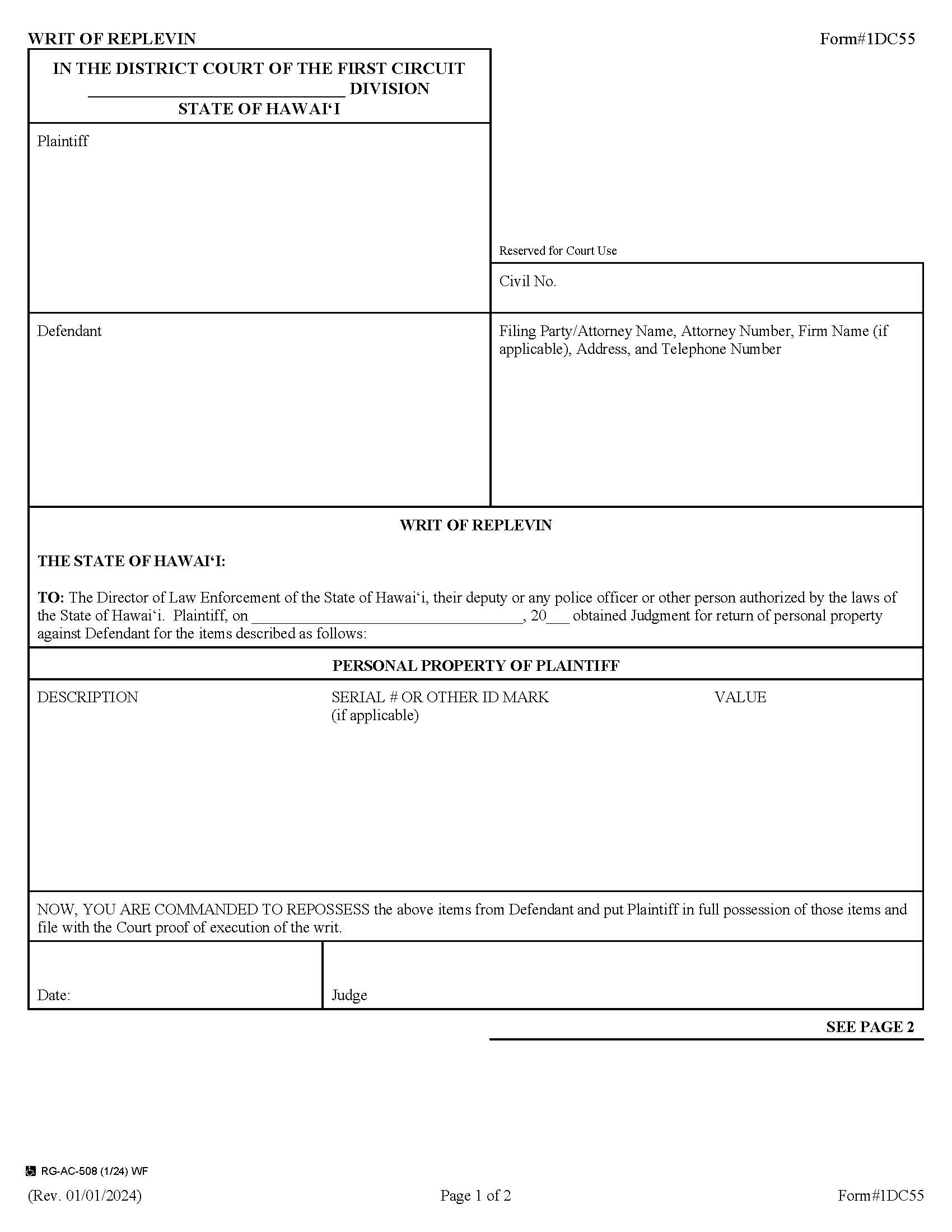 Writ Of Replevin {1DC55} | Pdf Fpdf Docx | Hawaii